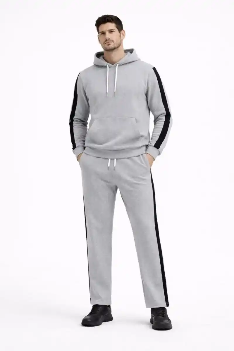 Erkek Şeritli Eşofman Takım Kapüşonlu Sweatshirt Boru Paça Alt, Oversize 3 iplik Pamuklu - Gri