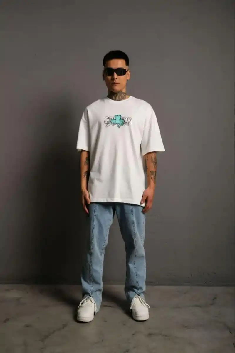 Erkek Kısa Kol Yazlık Tişört Bisiklet Yaka Baskılı Oversize T-Shirt - Beyaz