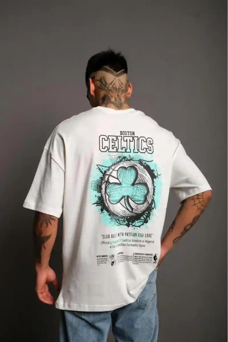 Erkek Kısa Kol Yazlık Tişört Bisiklet Yaka Baskılı Oversize T-Shirt - Beyaz