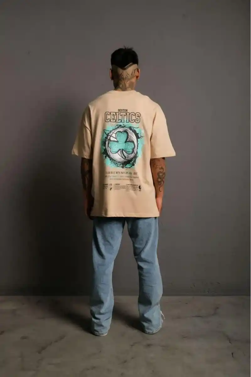 Erkek Sırt Baskılı T-shirt - Bej