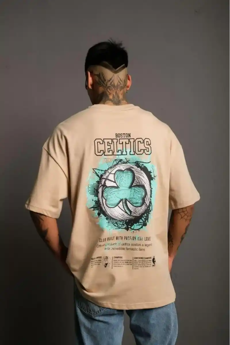 Erkek Sırt Baskılı T-shirt - Bej