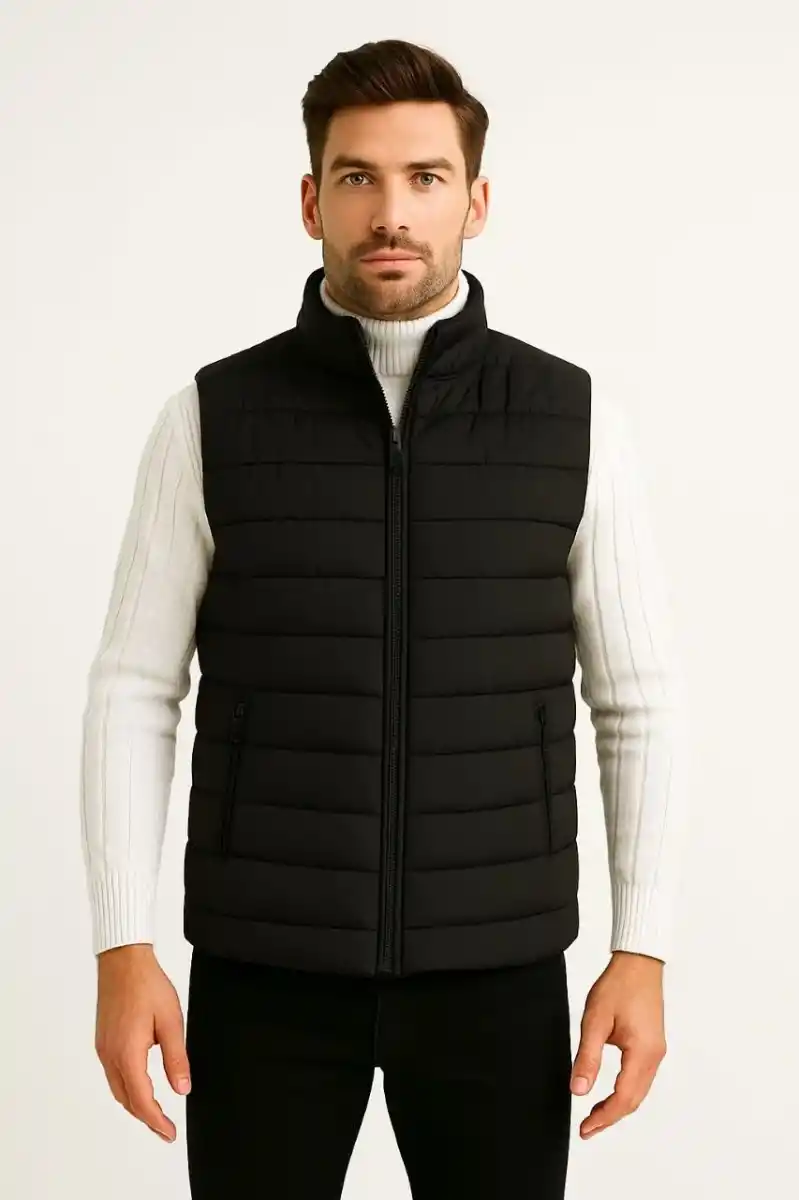 Erkek Şişme Fermuarlı Yelek Su itici Kapitone Astarlı Kumaş Cepli Hafif Kışlık Spor Rahat Kalıp - Siyah