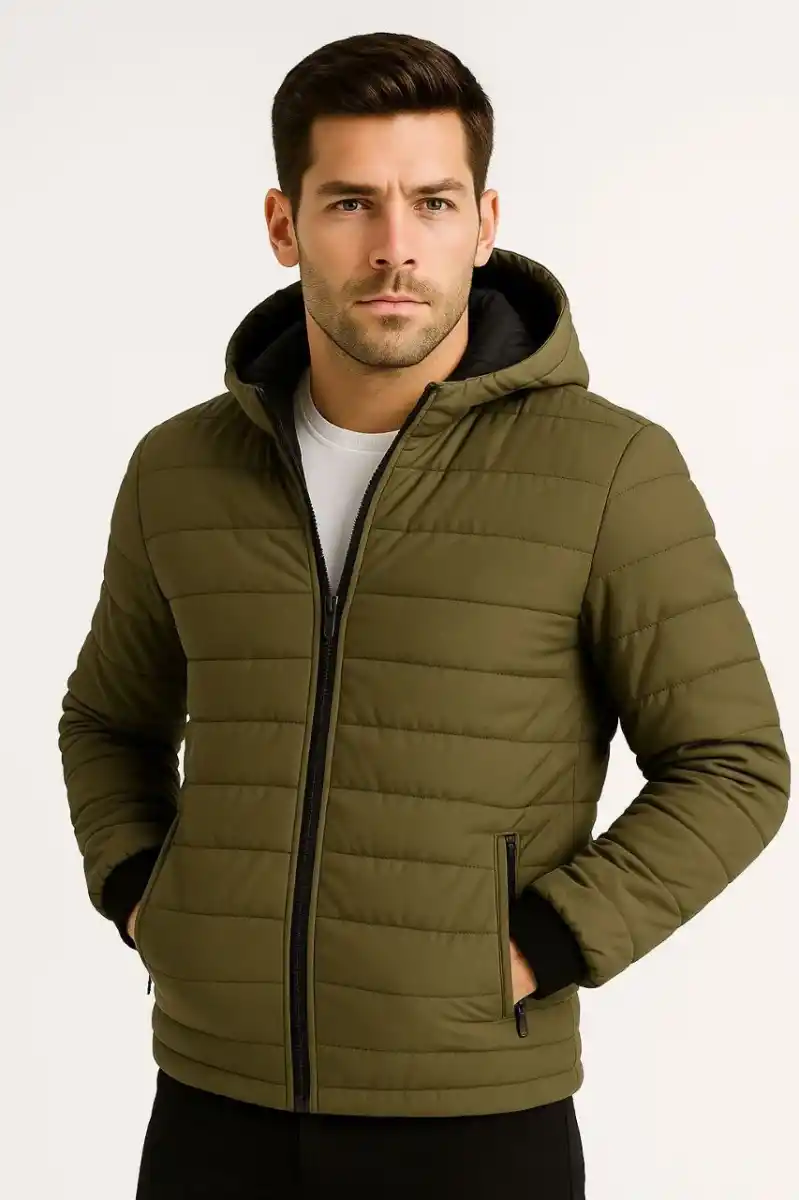 Erkek Şişme Kapüşonlu Fermuarlı Mont Su itici Kapitone Astarlı Kumaş Cepli Kışlık Rahat Kalıp - Haki