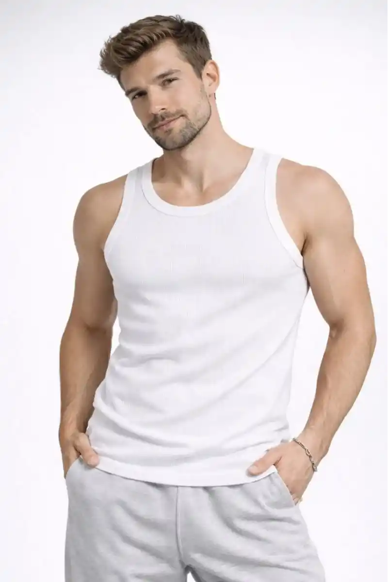 Erkek Spor Fitilli Atlet 3lü Set Kırmızı, Siyah ve Beyaz Slim Fit Kaşkorse Arka Baskılı Spor Atlet