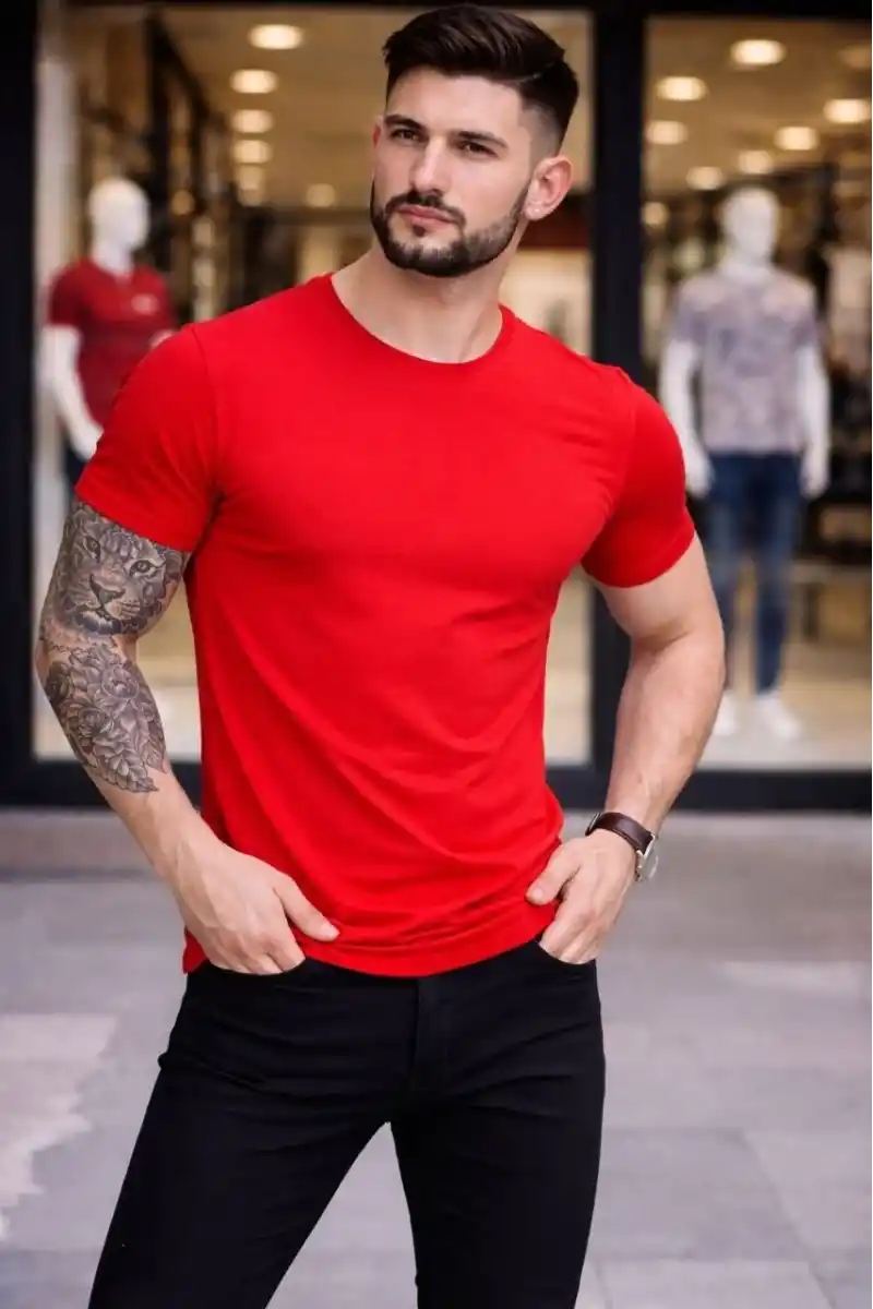 Erkek T-Shirt Bisiklet Yaka Slim Fit dar kesim Likralı Tişört Günlük Basic Body - Kırmızı