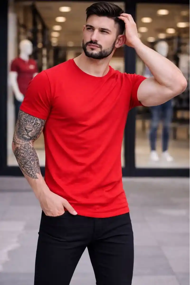 Erkek T-Shirt Bisiklet Yaka Slim Fit dar kesim Likralı Tişört Günlük Basic Body - Kırmızı
