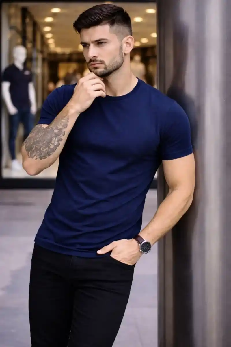 Erkek T-Shirt Bisiklet Yaka Slim Fit dar kesim Likralı Tişört Günlük Basic Body - Lacivert