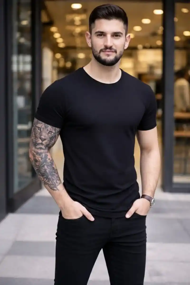 Erkek T-Shirt Bisiklet Yaka Slim Fit dar kesim Likralı Tişört Günlük Basic Body - Siyah