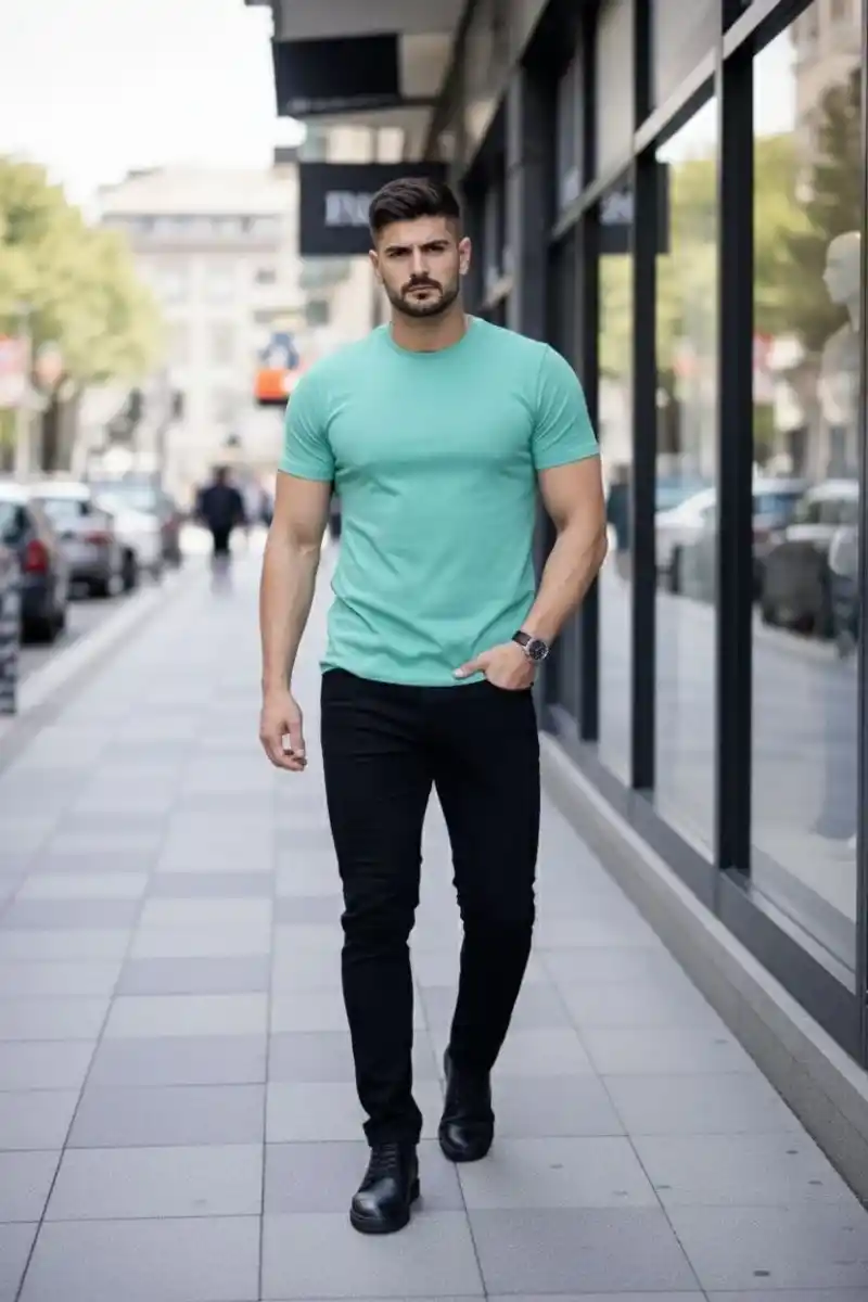 Erkek T-Shirt Bisiklet Yaka Slim Fit dar kesim Likralı Tişört Günlük Basic Body - Turkuvaz