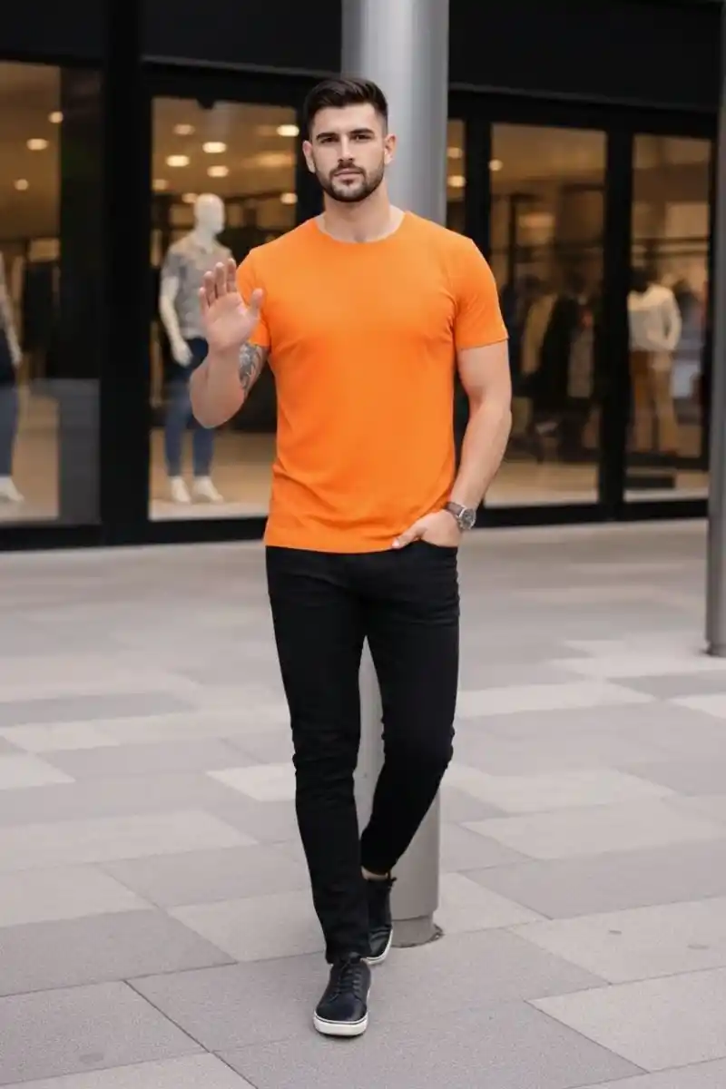 Erkek T-Shirt Bisiklet Yaka Slim Fit dar kesim Likralı Tişört Günlük Basic Body - Turuncu