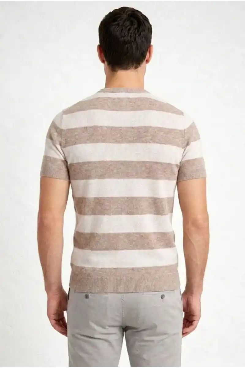 Erkek T-shirt Çizgili Triko Dokuma Bisiklet Yaka Tişört - Bej
