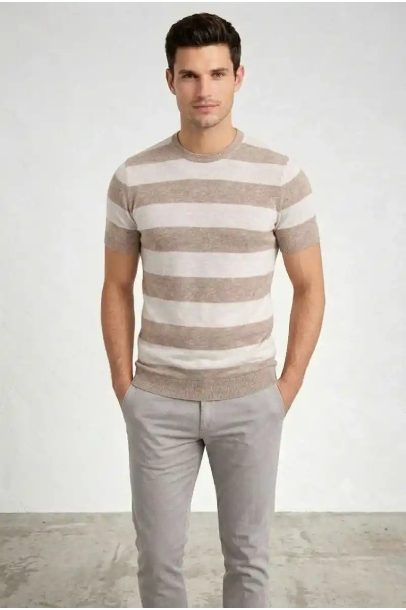 Erkek T-shirt Çizgili Triko Dokuma Bisiklet Yaka Tişört - Bej