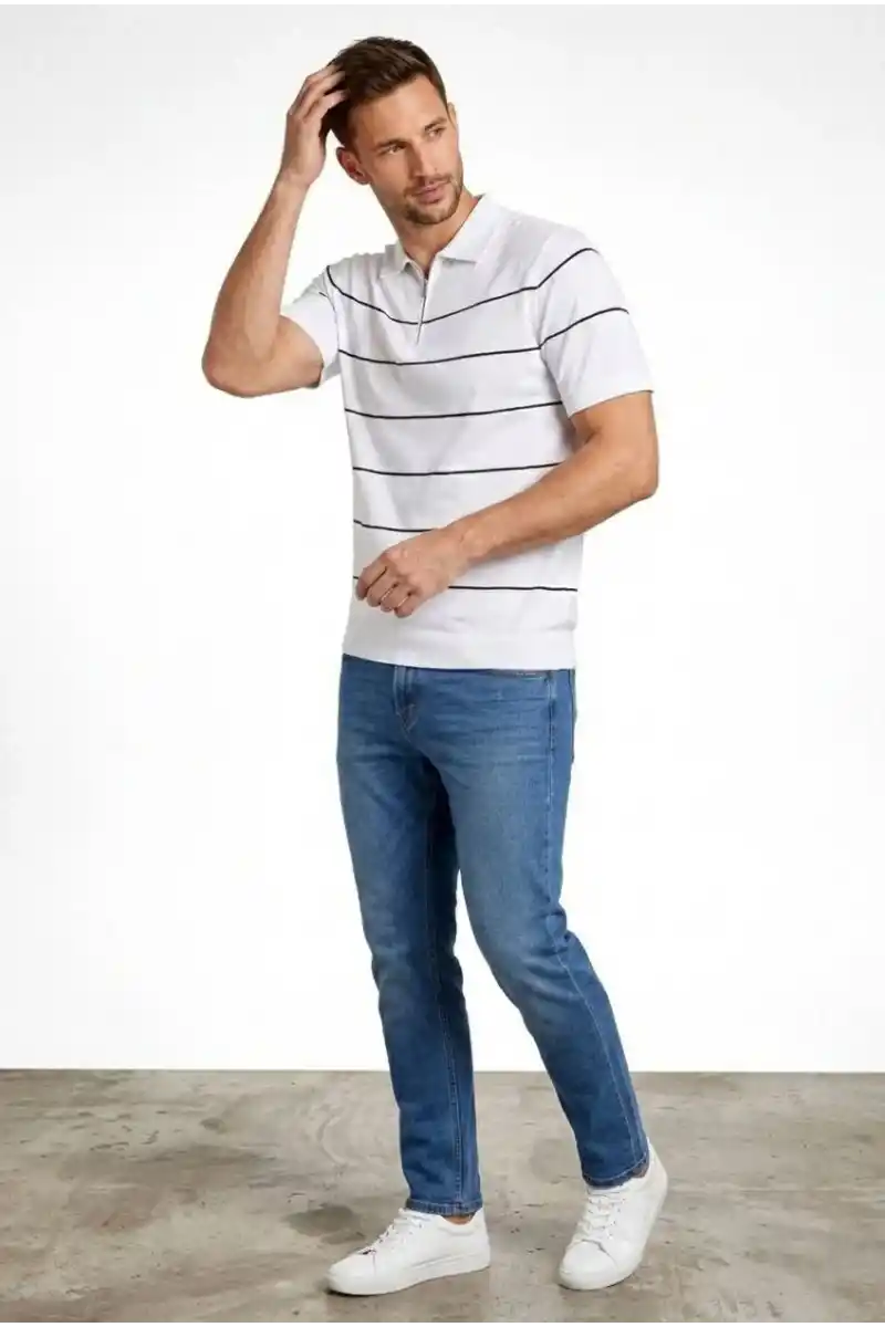 Erkek T-shirt Çizgili Triko Dokuma Kumaş Polo Yaka Yarım Fermuarlı Regular Kalıp Tişört - Beyaz