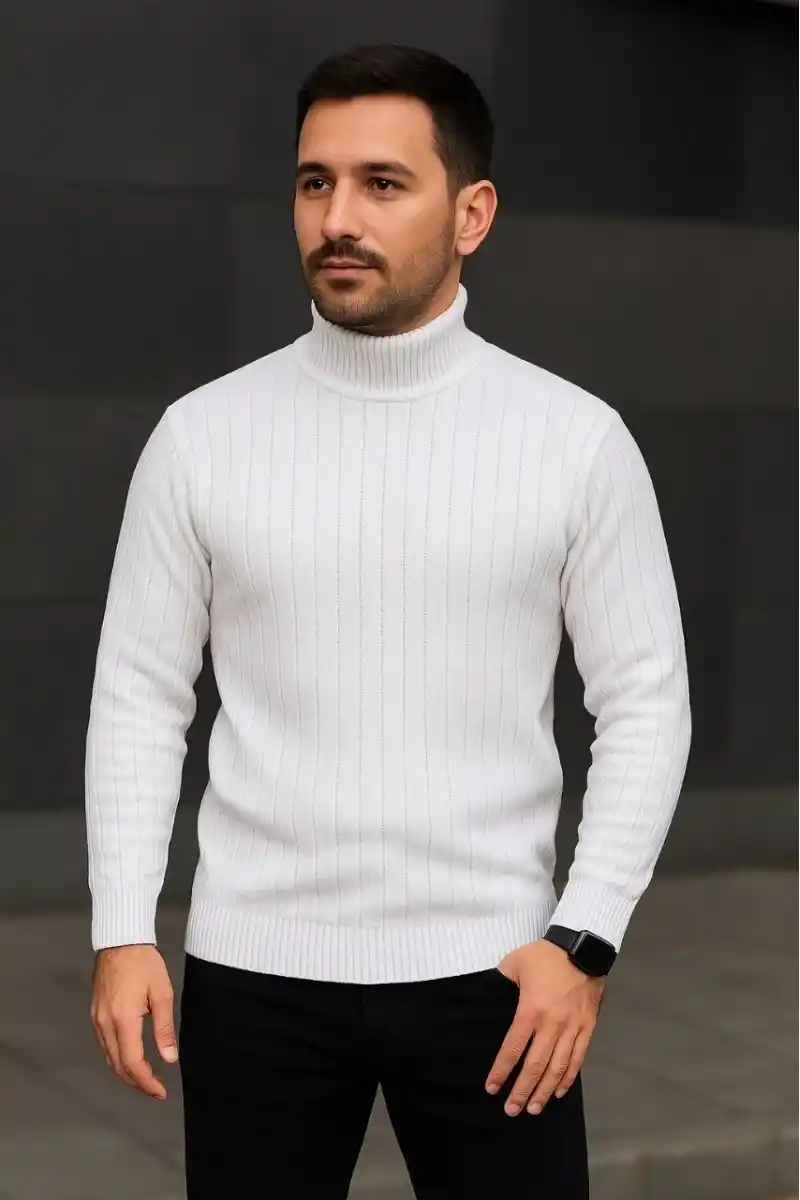 Erkek Tam Boğazlı Balıkçı Yaka Triko Kazak Kalın Fitilli - Beyaz