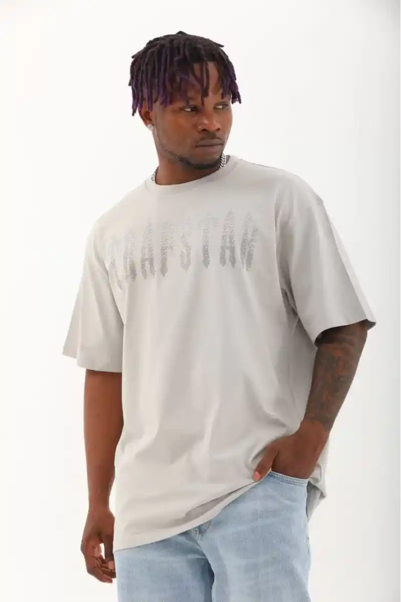 Unisex Oversize Taşlı Bisiklet Yaka T-Shirt - Gri