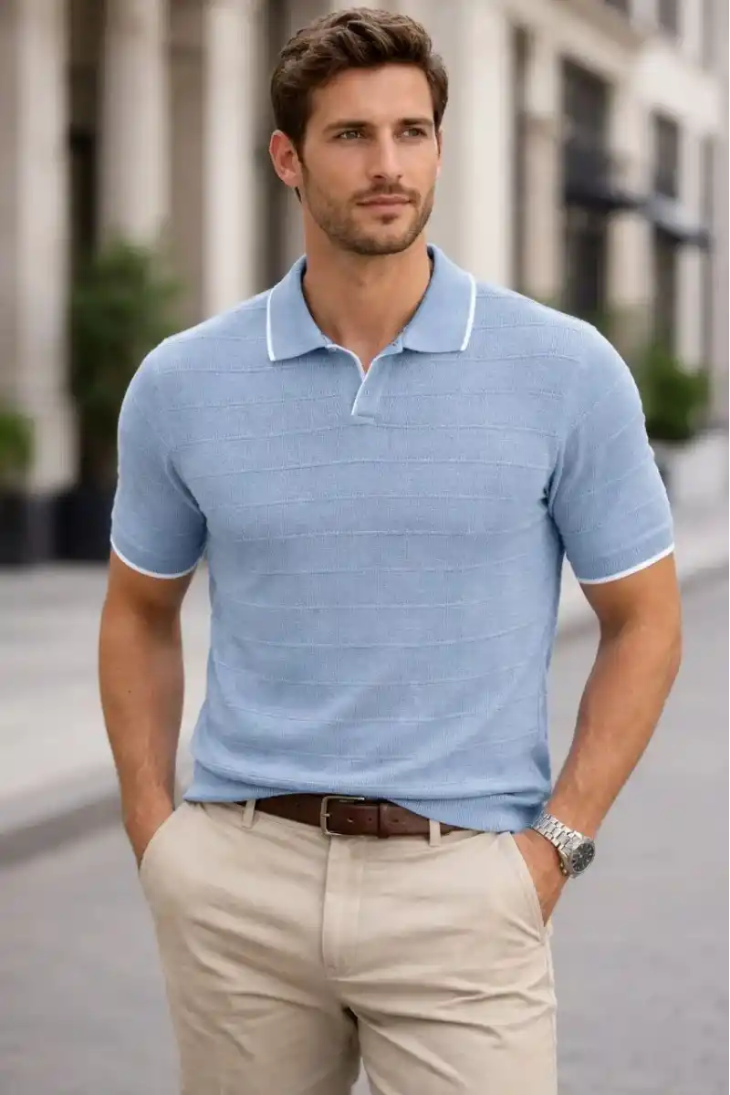 Erkek Triko Kumaş Yakalı Düğmesiz Açık Yaka Fitilli Kısa Kollu Regular Fit Tişört T-shirt - Bebek Mavisi