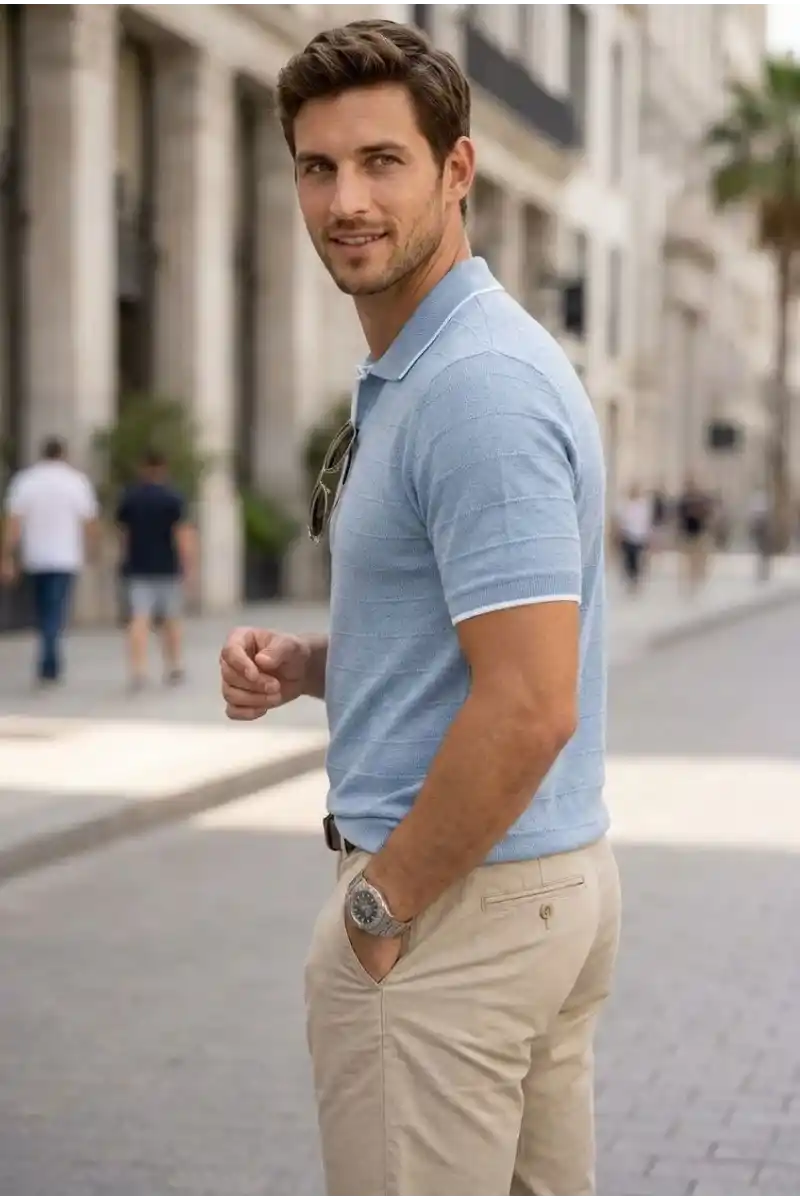 Erkek Triko Kumaş Yakalı Düğmesiz Açık Yaka Fitilli Kısa Kollu Regular Fit Tişört T-shirt - Bebek Mavisi