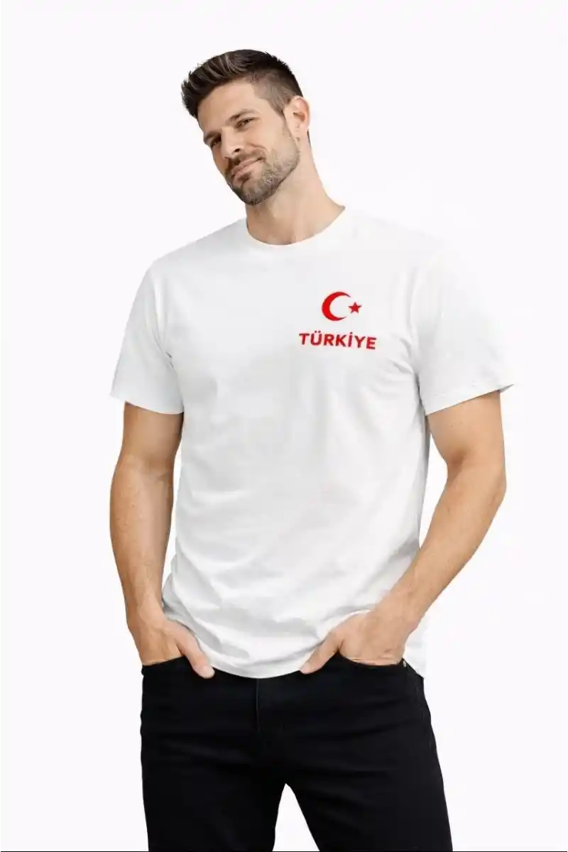 Erkek TÜRKİYE Ay Yıldız Baskılı Taraftar Forma T-Shirt - Beyaz