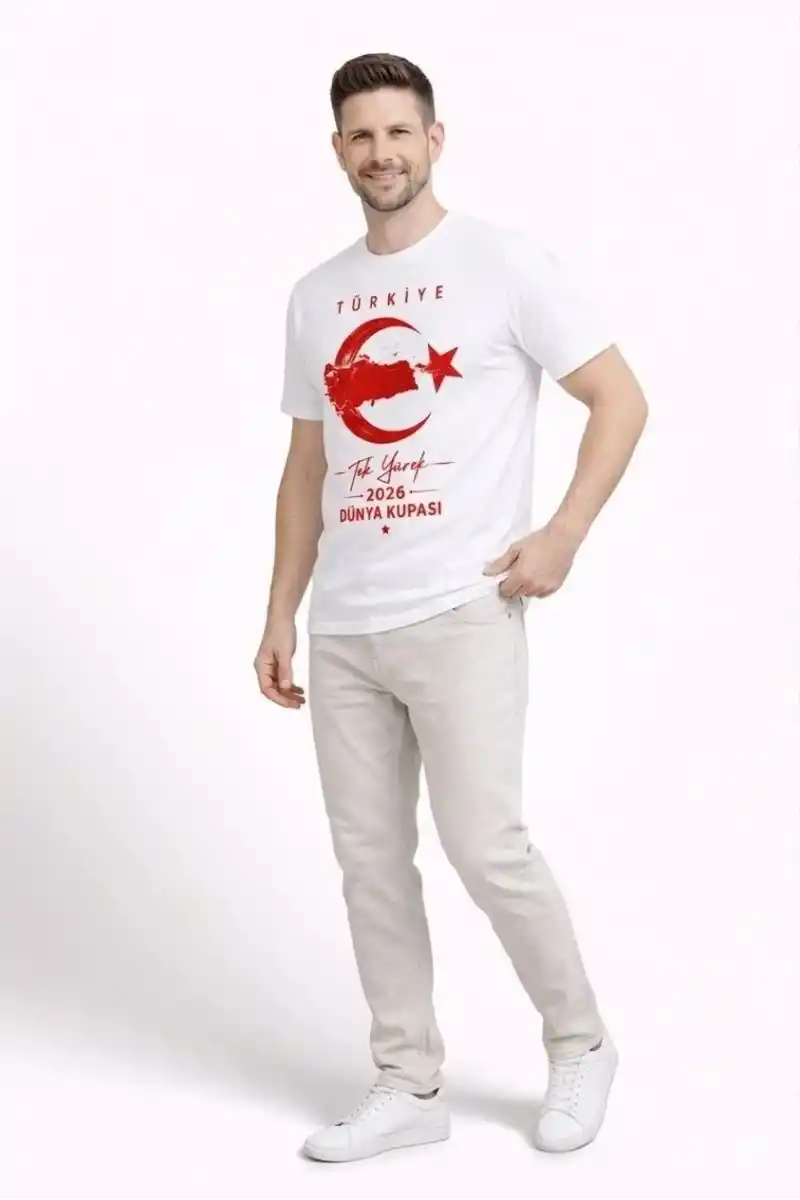 Erkek TÜRKİYE Ay Yıldız Baskılı Taraftar Forma T-Shirt - Beyaz