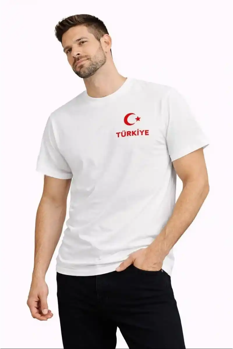 Erkek TÜRKİYE Ay Yıldız Baskılı Taraftar Forma T-Shirt - Beyaz