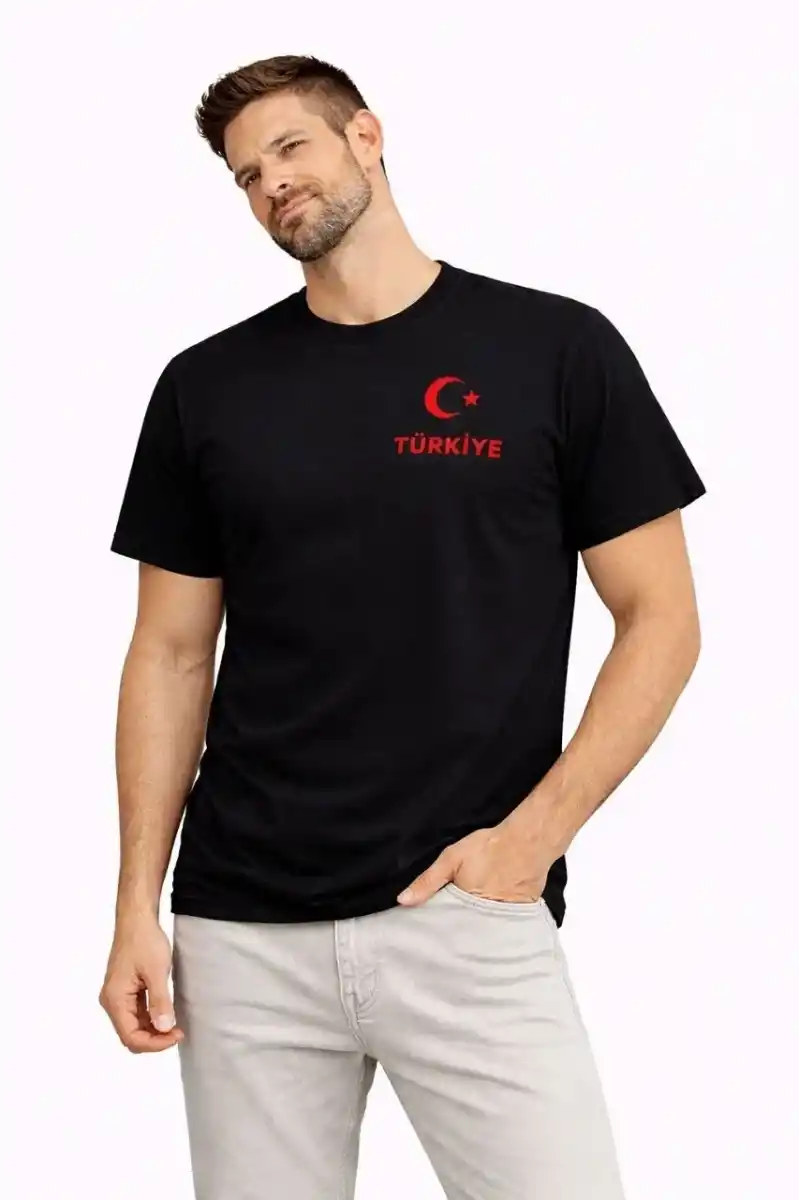 Erkek TÜRKİYE Ay Yıldız Baskılı Taraftar Forma T-Shirt - Siyah