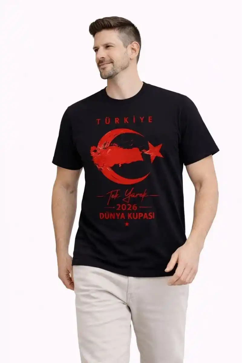 Erkek TÜRKİYE Ay Yıldız Baskılı Taraftar Forma T-Shirt - Siyah