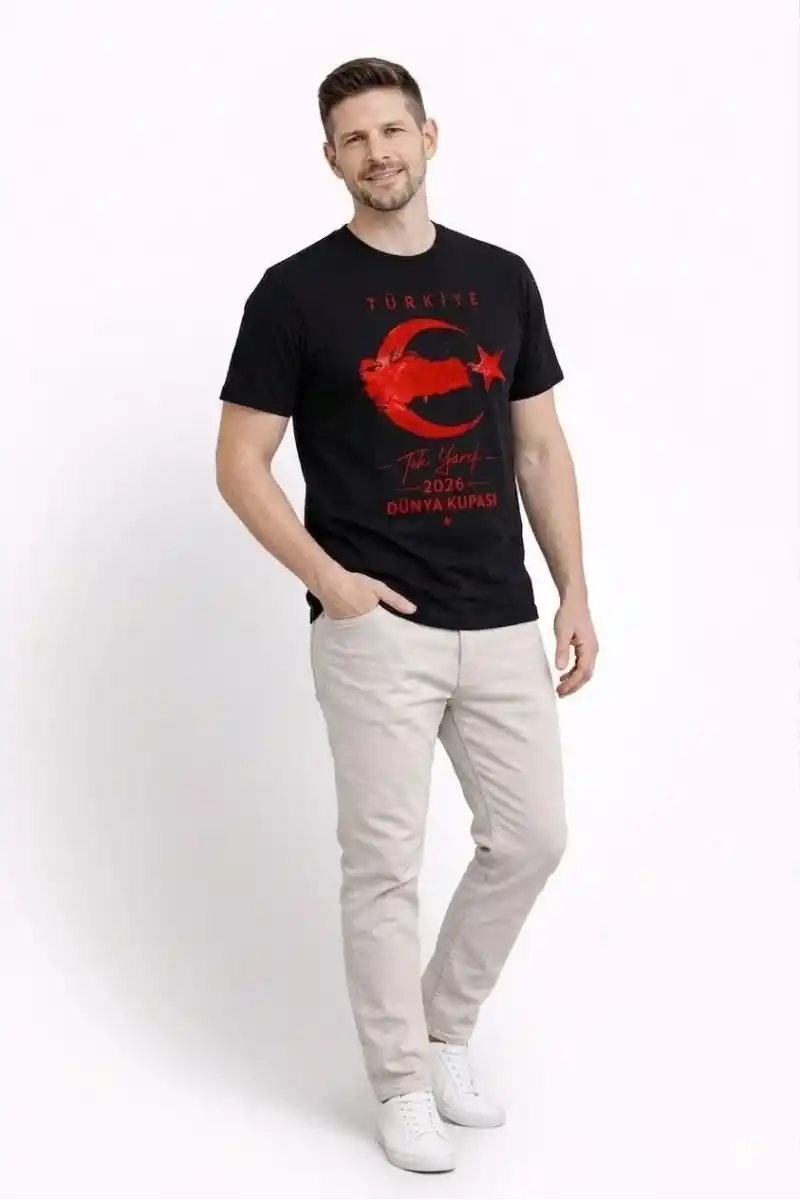 Erkek TÜRKİYE Ay Yıldız Baskılı Taraftar Forma T-Shirt - Siyah