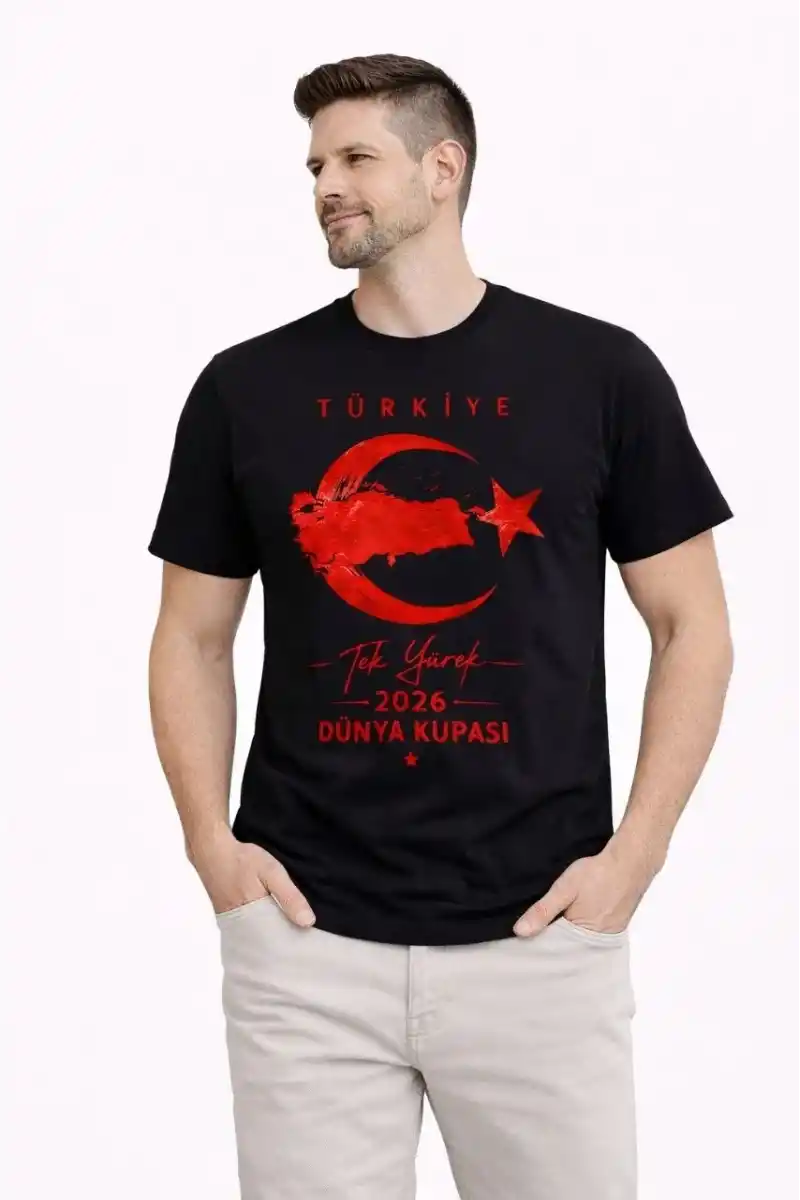 Erkek TÜRKİYE Ay Yıldız Baskılı Taraftar Forma T-Shirt - Siyah
