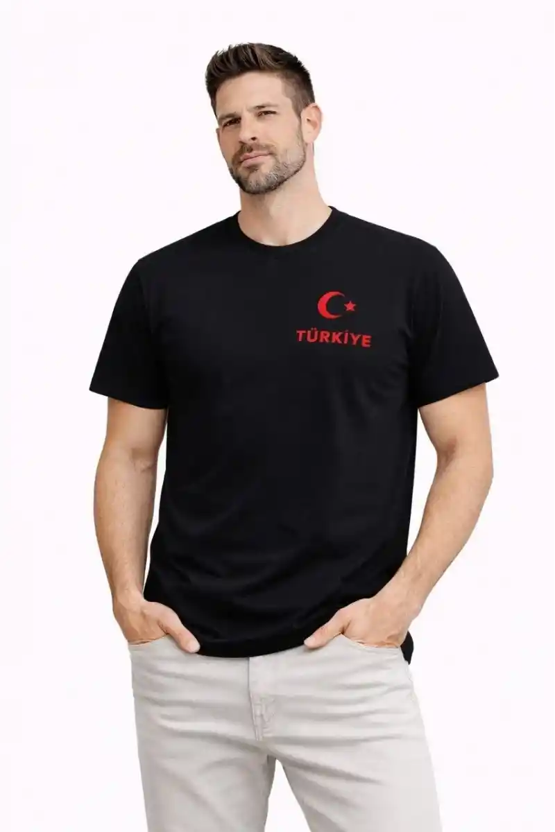 Erkek TÜRKİYE Ay Yıldız Baskılı Taraftar Forma T-Shirt - Siyah