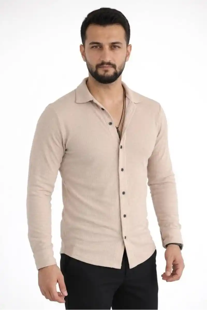 Erkek Waffle Kumaş Uzun Kollu Düğmeli Açık Yaka Regular Fit Gömlek - Bej