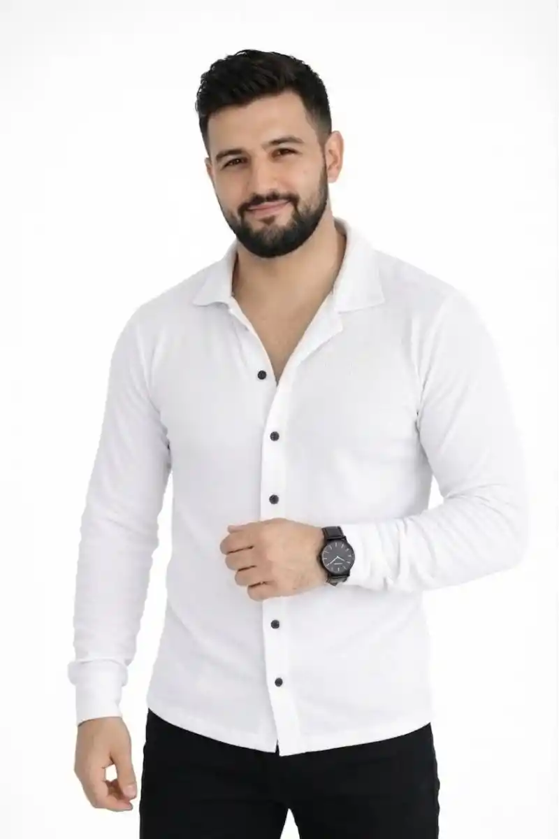 Erkek Waffle Kumaş Uzun Kollu Düğmeli Açık Yaka Regular Fit Gömlek - Beyaz
