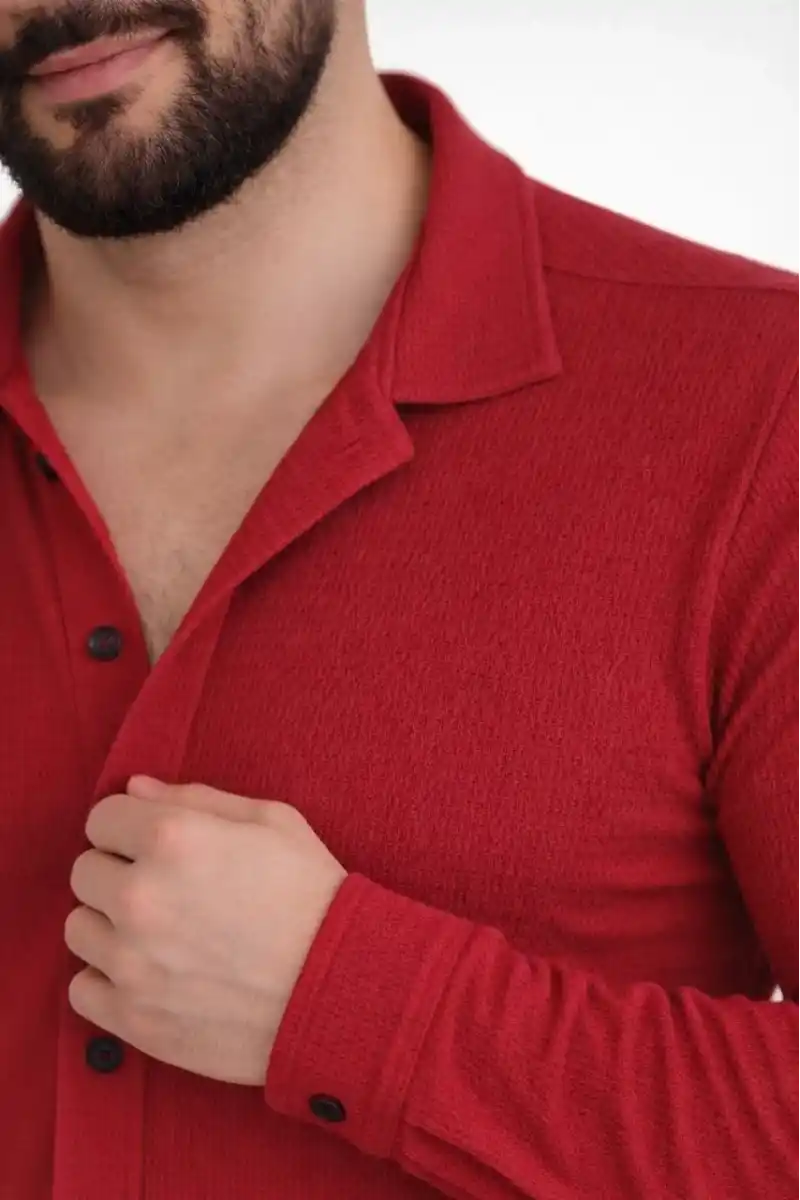 Erkek Waffle Kumaş Uzun Kollu Düğmeli Açık Yaka Regular Fit Gömlek - Kırmızı