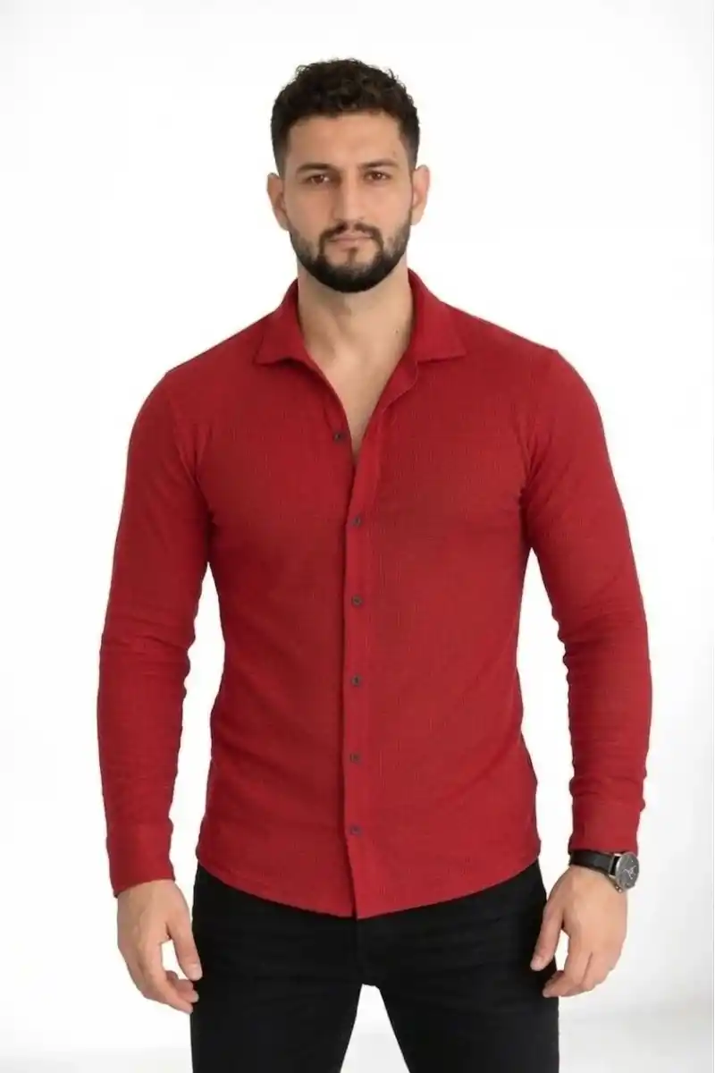 Erkek Waffle Kumaş Uzun Kollu Düğmeli Açık Yaka Regular Fit Gömlek - Kırmızı