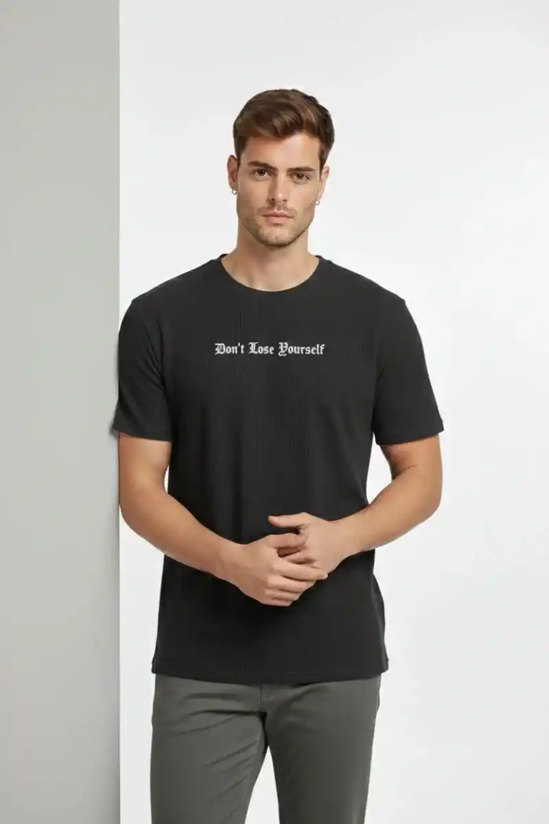 Erkek Wafıl Kumaş Tişört Regular Kalıp Bisiklet Yaka Baskılı Günlük Basic T-Shirt - Siyah