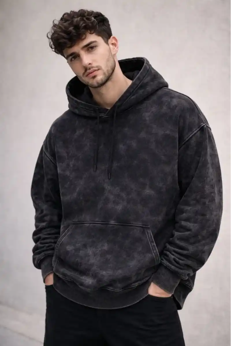 Erkek Yağ Yıkamalı Kapşonlu Double Oversize Üç İplik Pamuklu Sweatshirt - Siyah