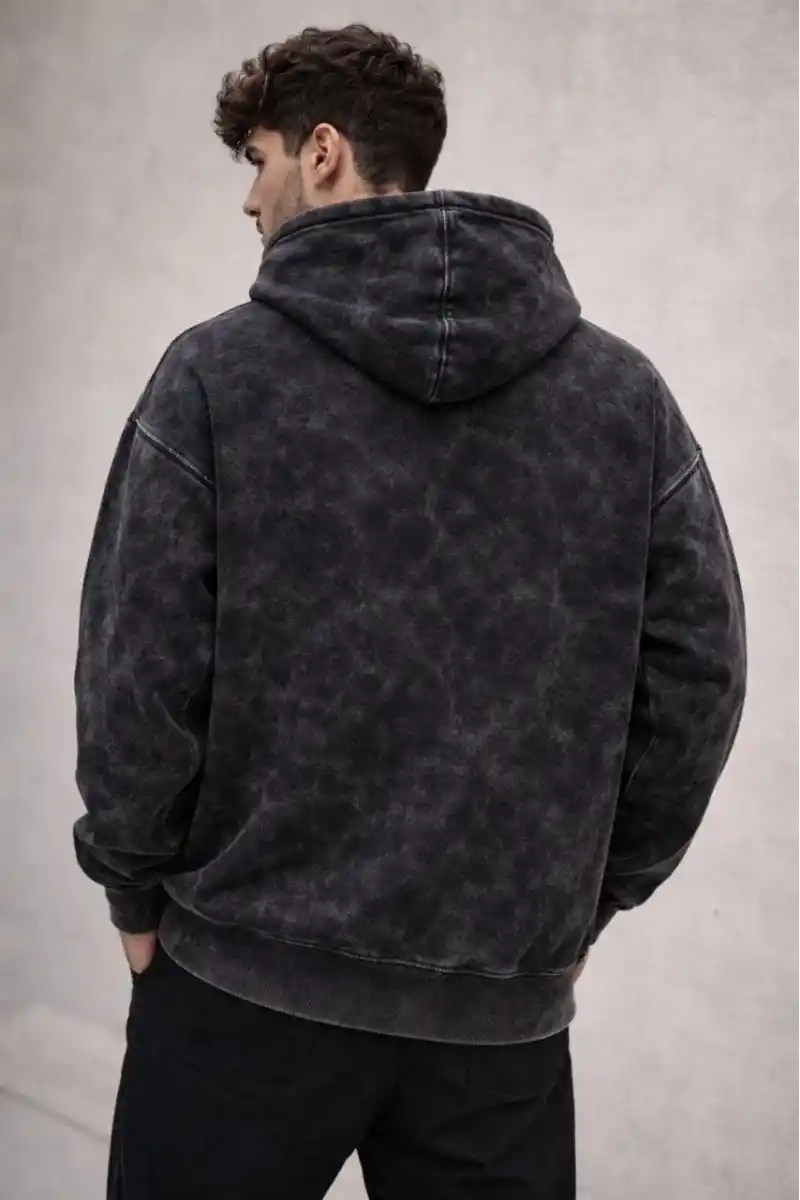 Erkek Yağ Yıkamalı Kapşonlu Double Oversize Üç İplik Pamuklu Sweatshirt - Siyah