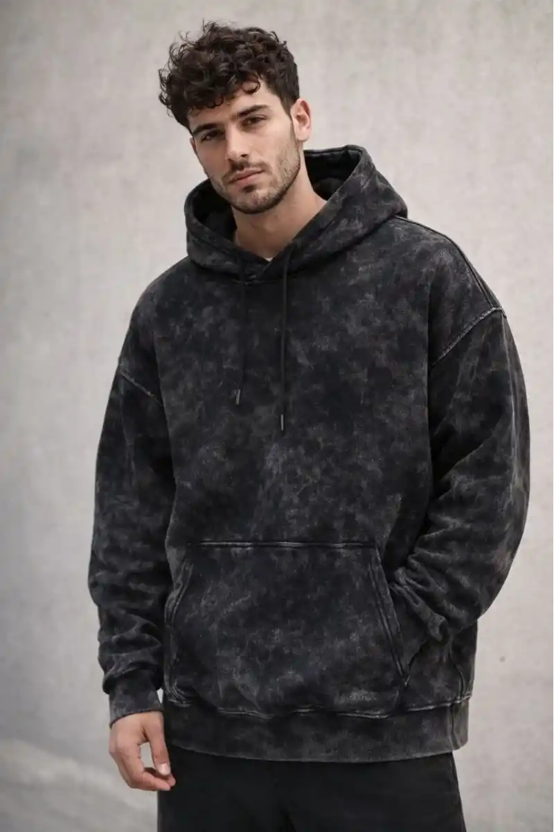 Erkek Yağ Yıkamalı Kapşonlu Double Oversize Üç İplik Pamuklu Sweatshirt - Siyah
