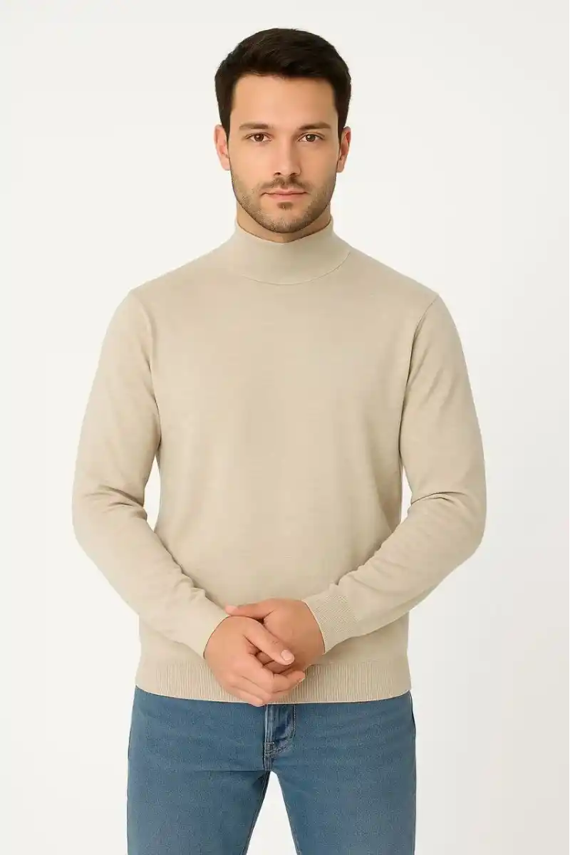 Erkek Yarım Boğaz Triko Kazak yumuşak dokulu Pamuklu ince Dokuma uzun kollu Regular - Bej