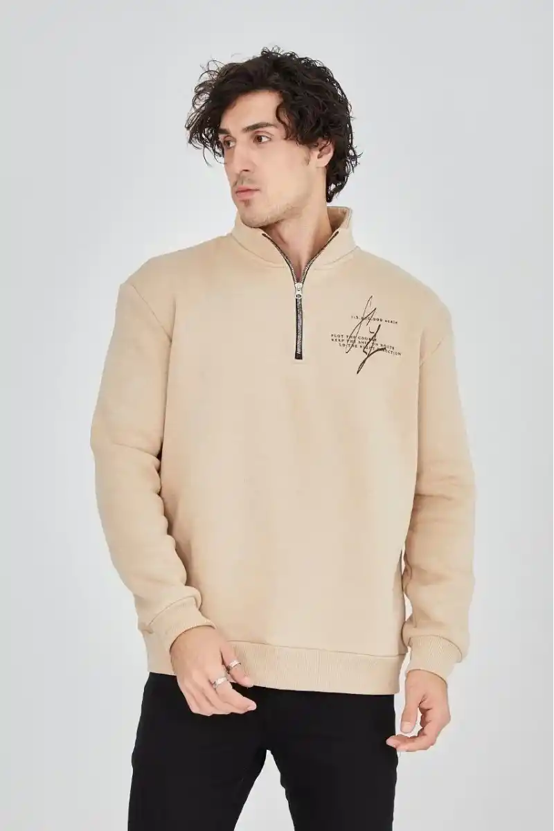 Erkek Yarım Fermuarlı Baskılı üç iplik pamuklu sweatshirt - Bej