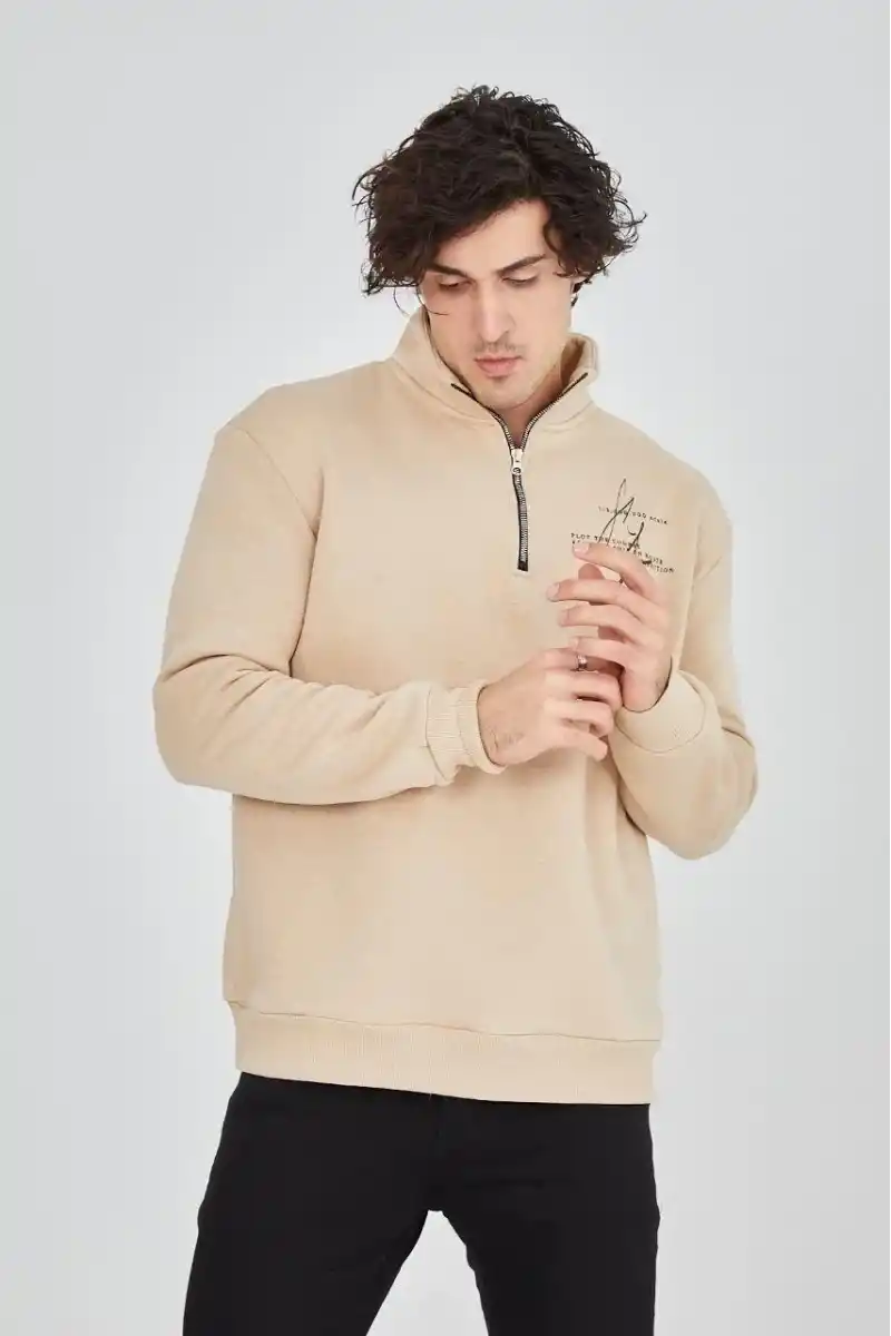 Erkek Yarım Fermuarlı Baskılı üç iplik pamuklu sweatshirt - Bej