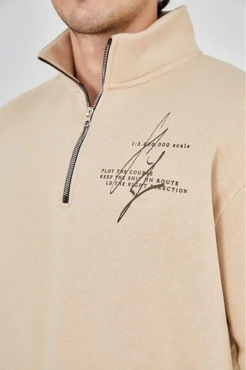 Erkek Yarım Fermuarlı Baskılı üç iplik pamuklu sweatshirt - Bej
