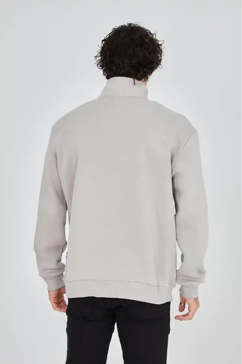 Erkek Yarım Fermuarlı Baskılı üç iplik pamuklu sweatshirt - Boyalı Gri