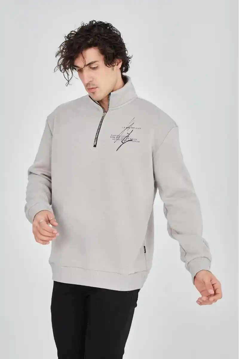 Erkek Yarım Fermuarlı Baskılı üç iplik pamuklu sweatshirt - Boyalı Gri