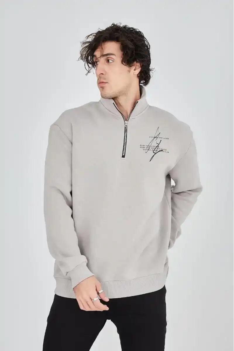 Erkek Yarım Fermuarlı Baskılı üç iplik pamuklu sweatshirt - Boyalı Gri