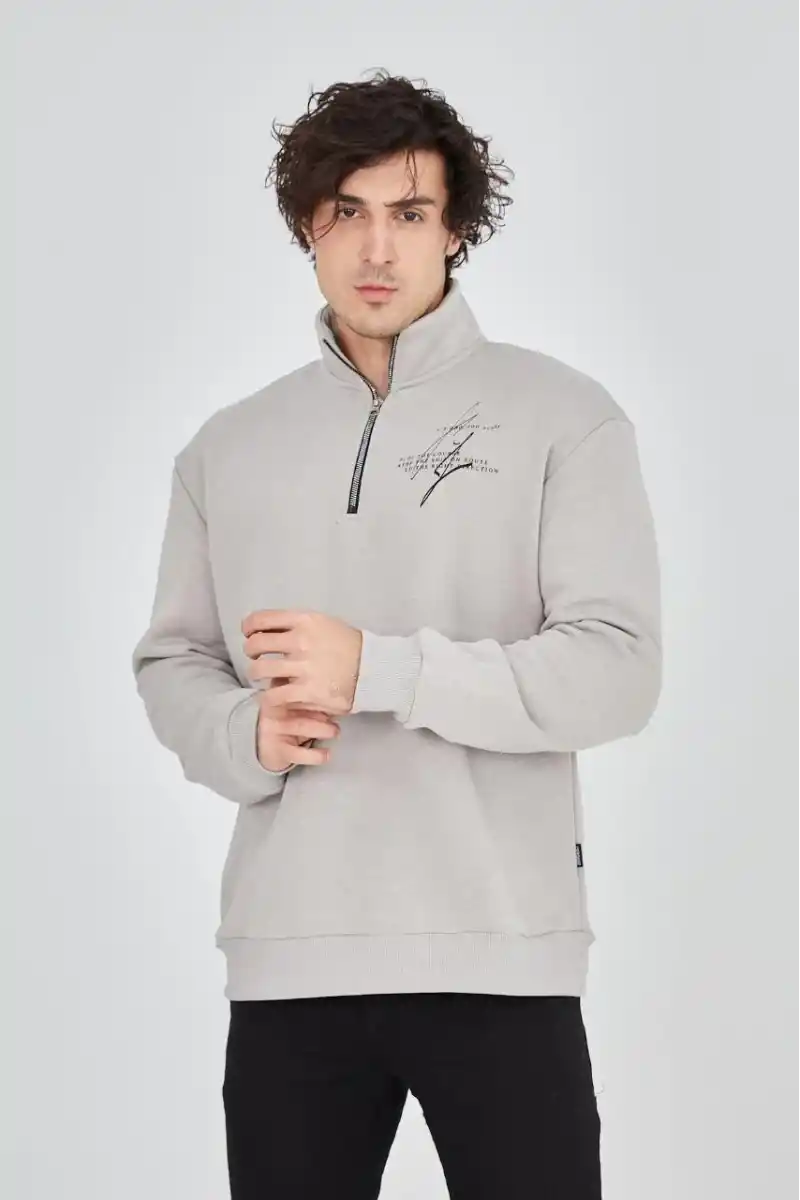 Erkek Yarım Fermuarlı Baskılı üç iplik pamuklu sweatshirt - Boyalı Gri