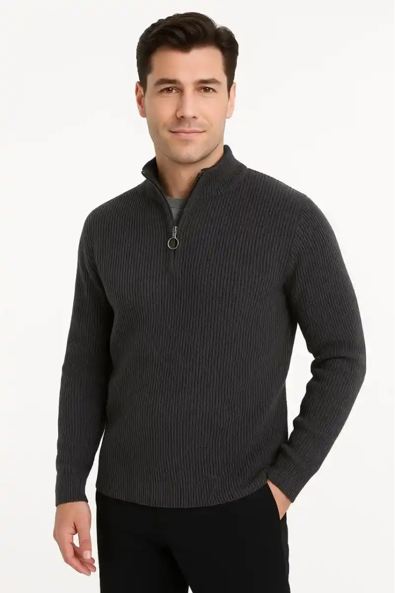 Erkek Yarım Fermuarlı Triko Kazak Selanik Örgü Dik Yaka Pamuklu Dokuma Regular Fit - Füme