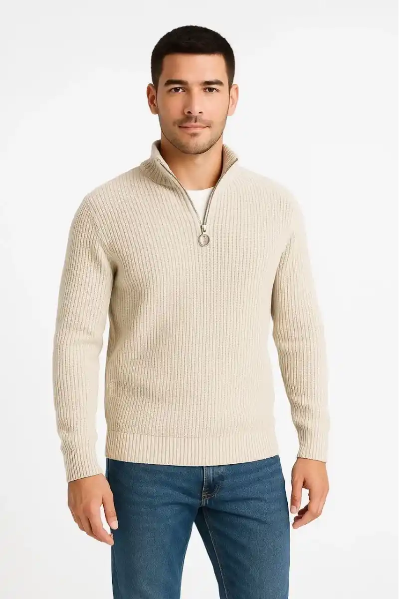 Erkek Yarım Fermuarlı Triko Kazak Selanik Örgü Dik Yaka Pamuklu Dokuma Regular Fit - Bej