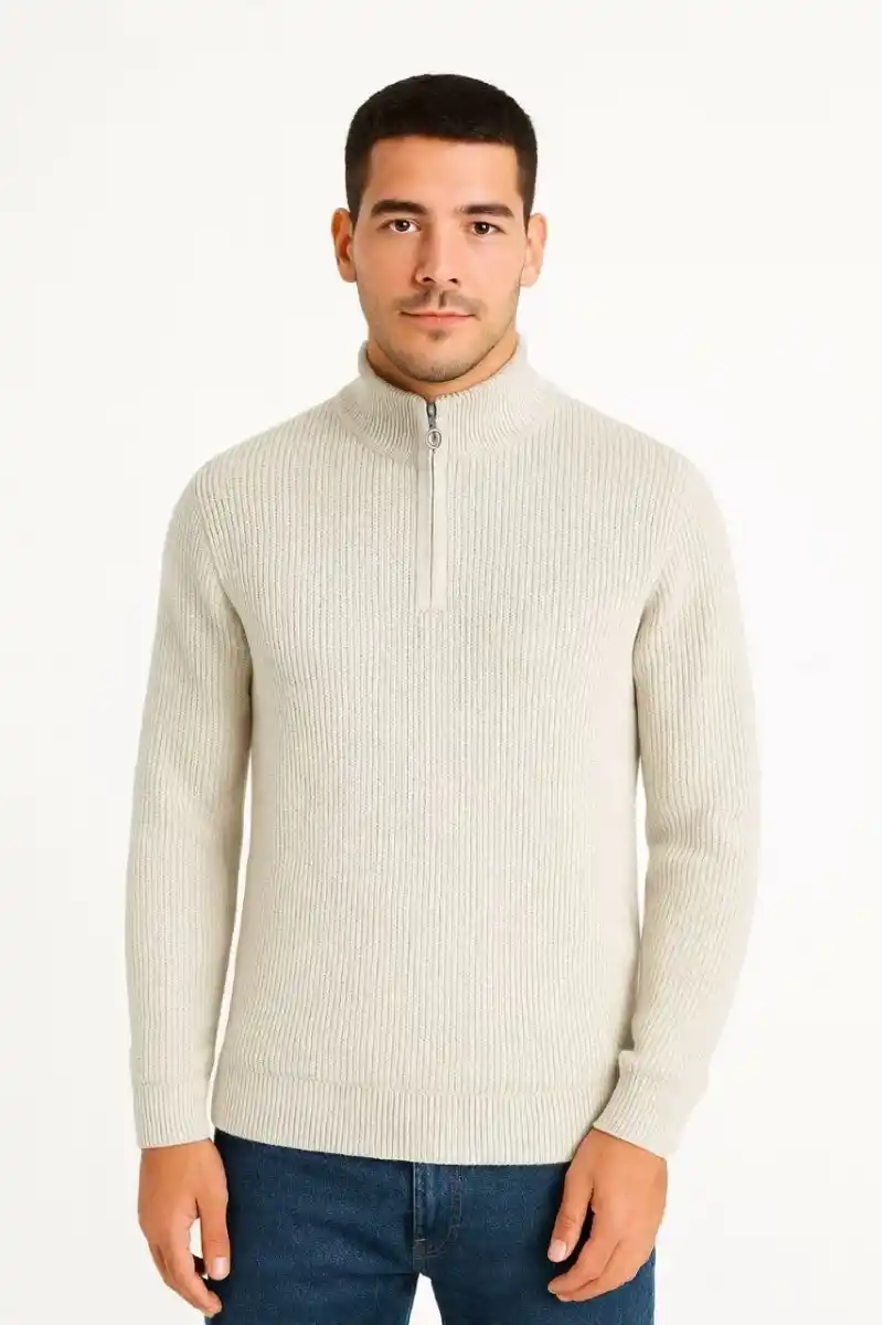 Erkek Yarım Fermuarlı Triko Kazak Selanik Örgü Dik Yaka Pamuklu Dokuma Regular Fit - Bej