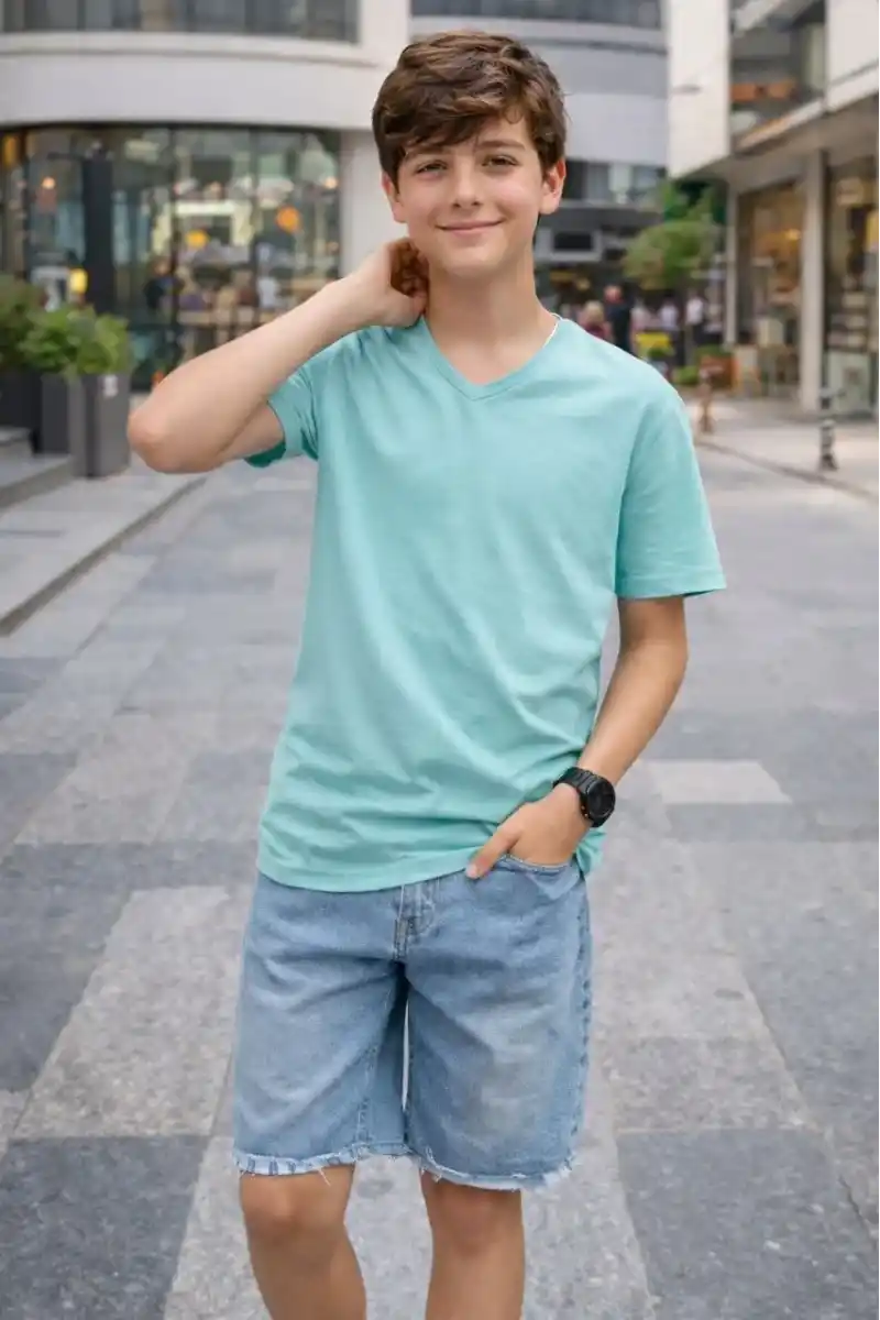 Genç Erkek Çocuk V Yaka Tişört Model - Turkuvaz