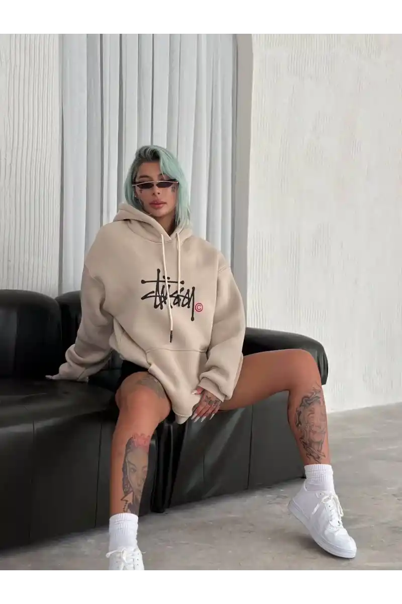 Kadın 3 İplik Pamuklu Kapüşonlu Kanguru Cepli Baskılı Oversize Hoodie Sweatshirt - Bej